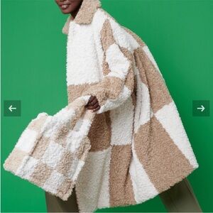 Checkered Mocha and White Faux Shearling Oversized Coat